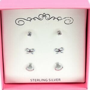 NEW 3 Pair Girls EARRINGS 925 Sterling Silver Rhinestone Studs Bows Shells Boxed